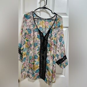 Sheer Floral Print Tunic Top‎ Black Lace Trim V Neck 3/4 Sleeve Blouse
